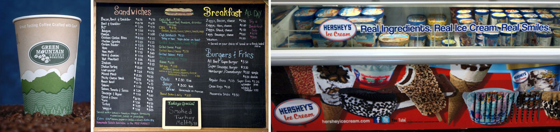 The Center MiniMart's sandwich and breakfast board and ice cream selection